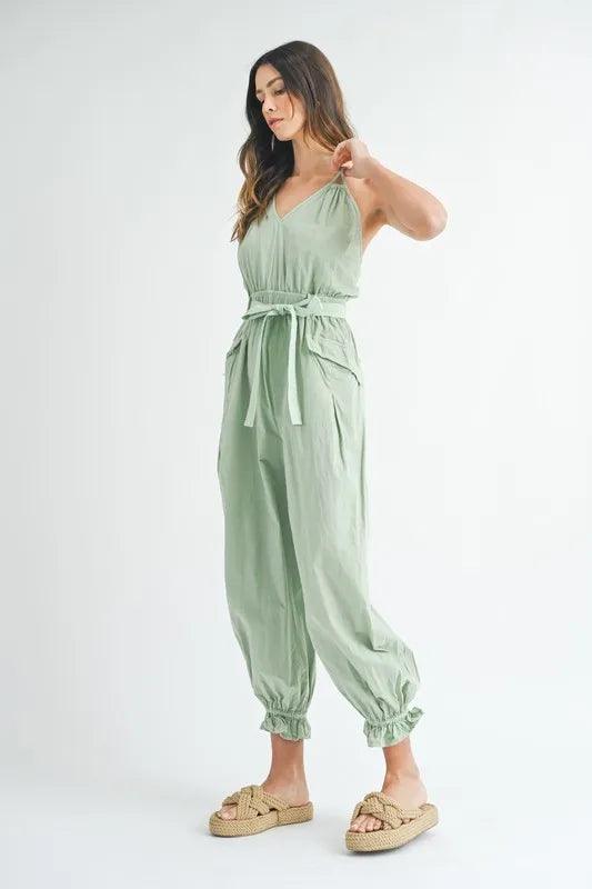MABLE Washed Fabric Spaghetti Strap Waist Belted Jumpsuit - Brittney MADE