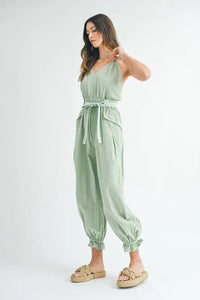 MABLE Washed Fabric Spaghetti Strap Waist Belted Jumpsuit - Brittney MADE