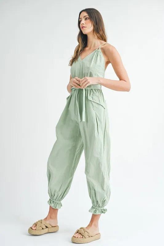 MABLE Washed Fabric Spaghetti Strap Waist Belted Jumpsuit - Brittney MADE