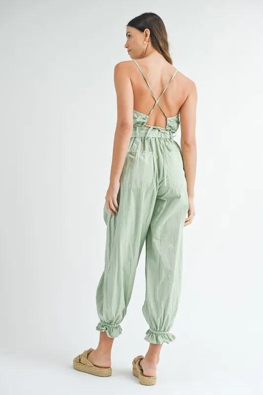 MABLE Washed Fabric Spaghetti Strap Waist Belted Jumpsuit - Brittney MADE