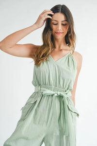 MABLE Washed Fabric Spaghetti Strap Waist Belted Jumpsuit - Brittney MADE
