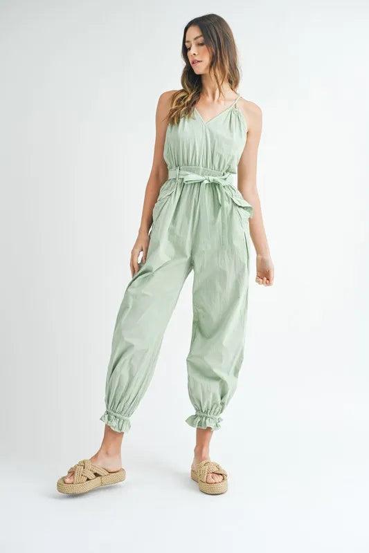 MABLE Washed Fabric Spaghetti Strap Waist Belted Jumpsuit - Brittney MADE
