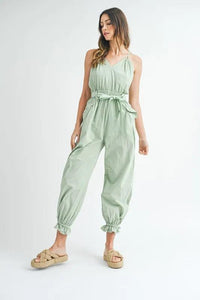 MABLE Washed Fabric Spaghetti Strap Waist Belted Jumpsuit - Brittney MADE