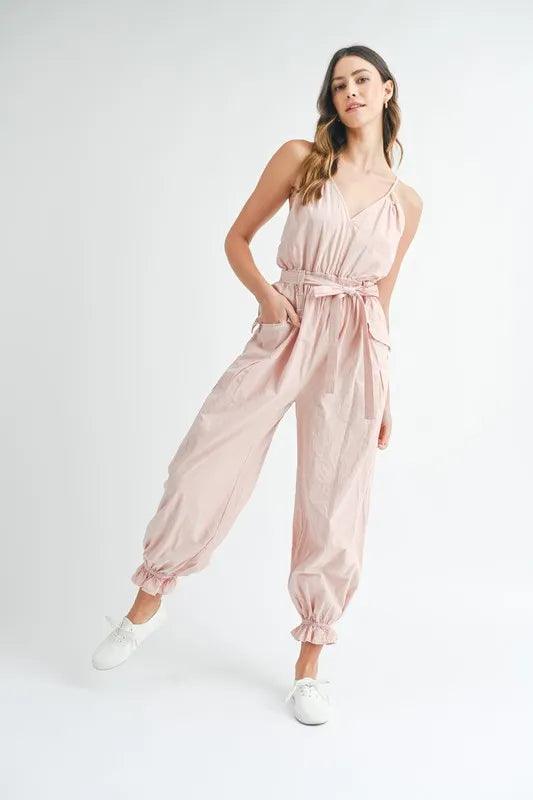 MABLE Washed Fabric Spaghetti Strap Waist Belted Jumpsuit - Brittney MADE