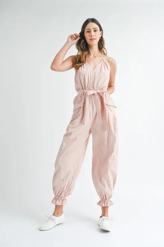 MABLE Washed Fabric Spaghetti Strap Waist Belted Jumpsuit - Brittney MADE