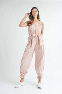MABLE Washed Fabric Spaghetti Strap Waist Belted Jumpsuit - Brittney MADE