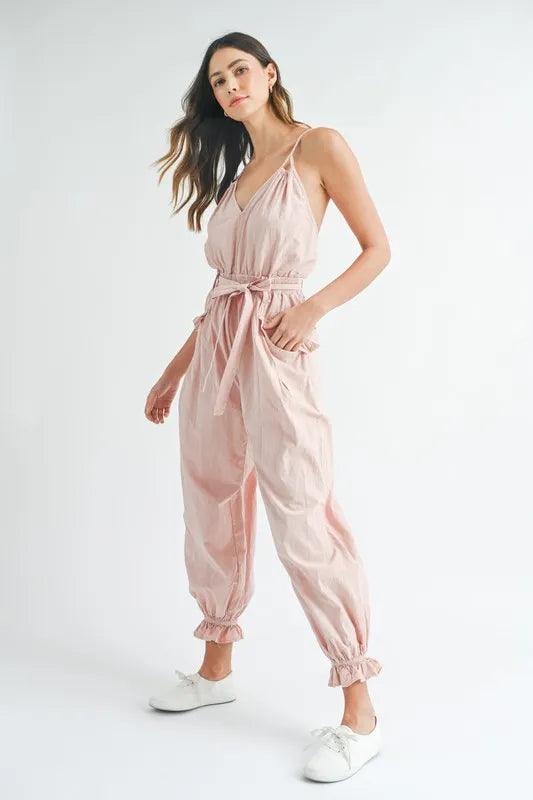 MABLE Washed Fabric Spaghetti Strap Waist Belted Jumpsuit - Brittney MADE