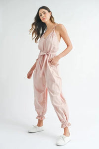 MABLE Washed Fabric Spaghetti Strap Waist Belted Jumpsuit - Brittney MADE