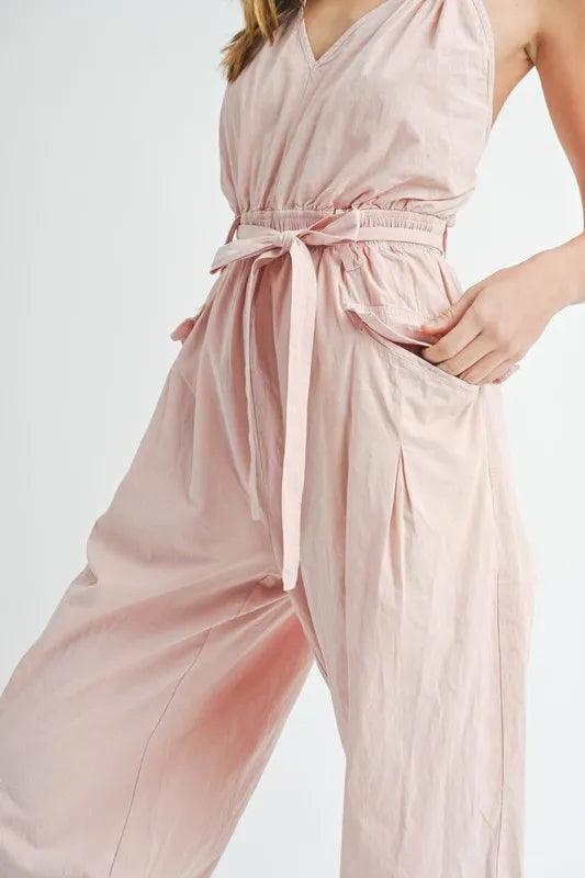 MABLE Washed Fabric Spaghetti Strap Waist Belted Jumpsuit - Brittney MADE