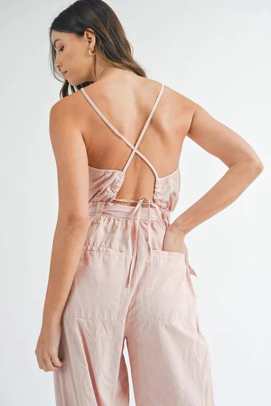 MABLE Washed Fabric Spaghetti Strap Waist Belted Jumpsuit - Brittney MADE