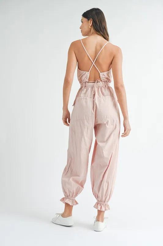 MABLE Washed Fabric Spaghetti Strap Waist Belted Jumpsuit - Brittney MADE
