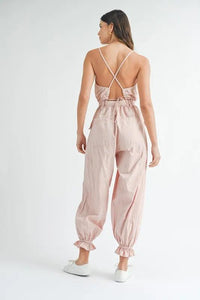 MABLE Washed Fabric Spaghetti Strap Waist Belted Jumpsuit - Brittney MADE