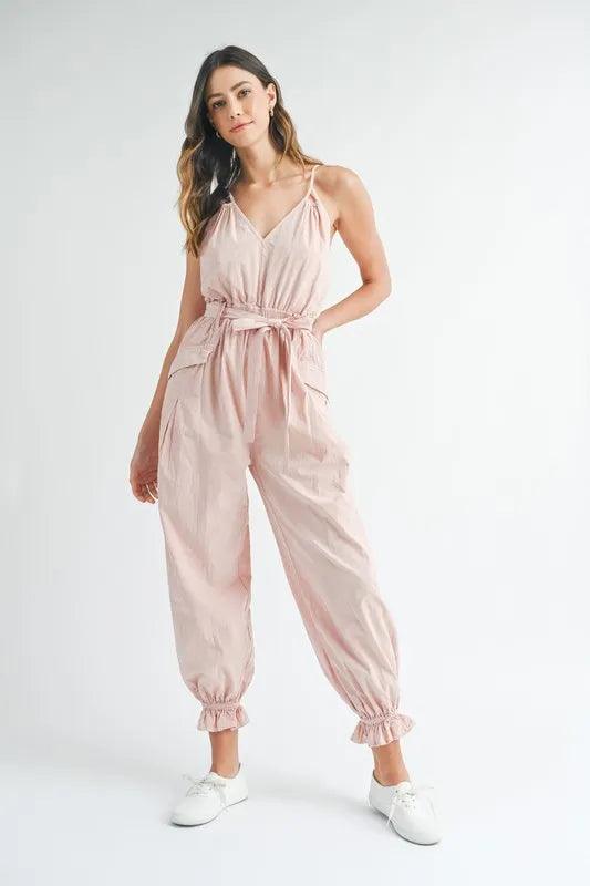 MABLE Washed Fabric Spaghetti Strap Waist Belted Jumpsuit - Brittney MADE