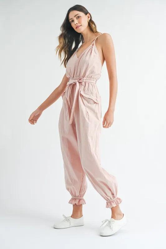 MABLE Washed Fabric Spaghetti Strap Waist Belted Jumpsuit - Brittney MADE