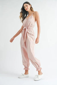 MABLE Washed Fabric Spaghetti Strap Waist Belted Jumpsuit - Brittney MADE