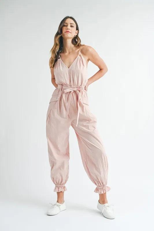 MABLE Washed Fabric Spaghetti Strap Waist Belted Jumpsuit - Brittney MADE