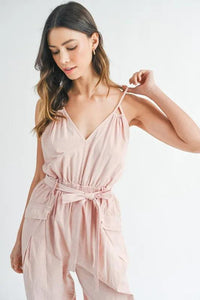 MABLE Washed Fabric Spaghetti Strap Waist Belted Jumpsuit - Brittney MADE