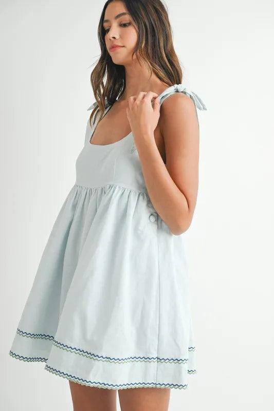 MABLE Zig Zag Embroidered Shoulder Tie Mini Dress - Brittney MADE