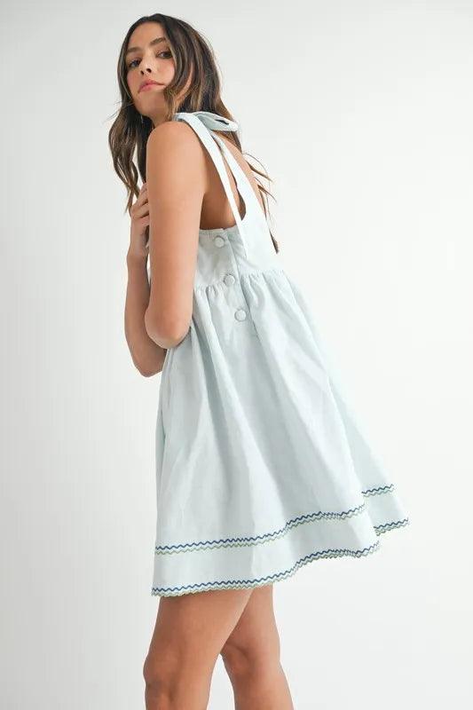 MABLE Zig Zag Embroidered Shoulder Tie Mini Dress - Brittney MADE