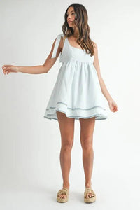 MABLE Zig Zag Embroidered Shoulder Tie Mini Dress - Brittney MADE