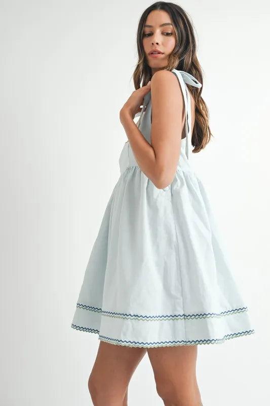 MABLE Zig Zag Embroidered Shoulder Tie Mini Dress - Brittney MADE
