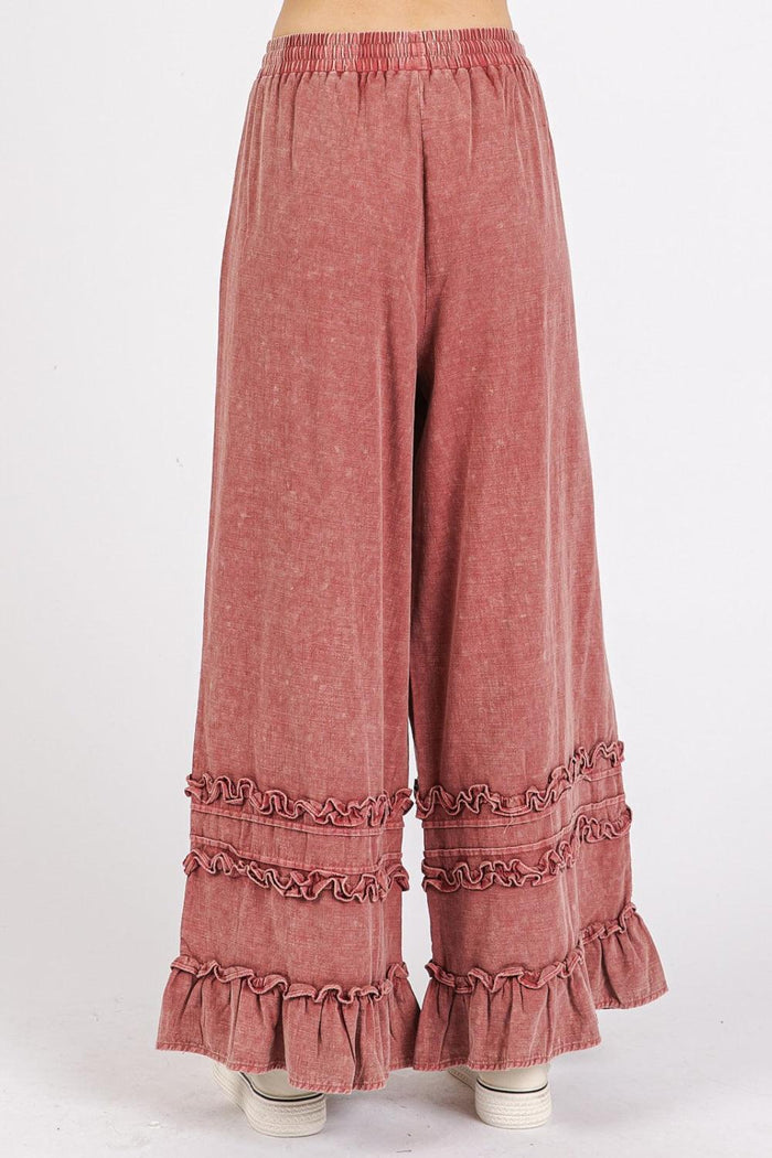 Mittoshop Ruffle Trim Pocket Mineral Wash Wide Leg Pants - Brittney MADE
