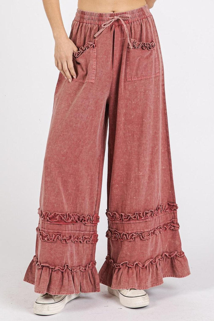 Mittoshop Ruffle Trim Pocket Mineral Wash Wide Leg Pants - Brittney MADE