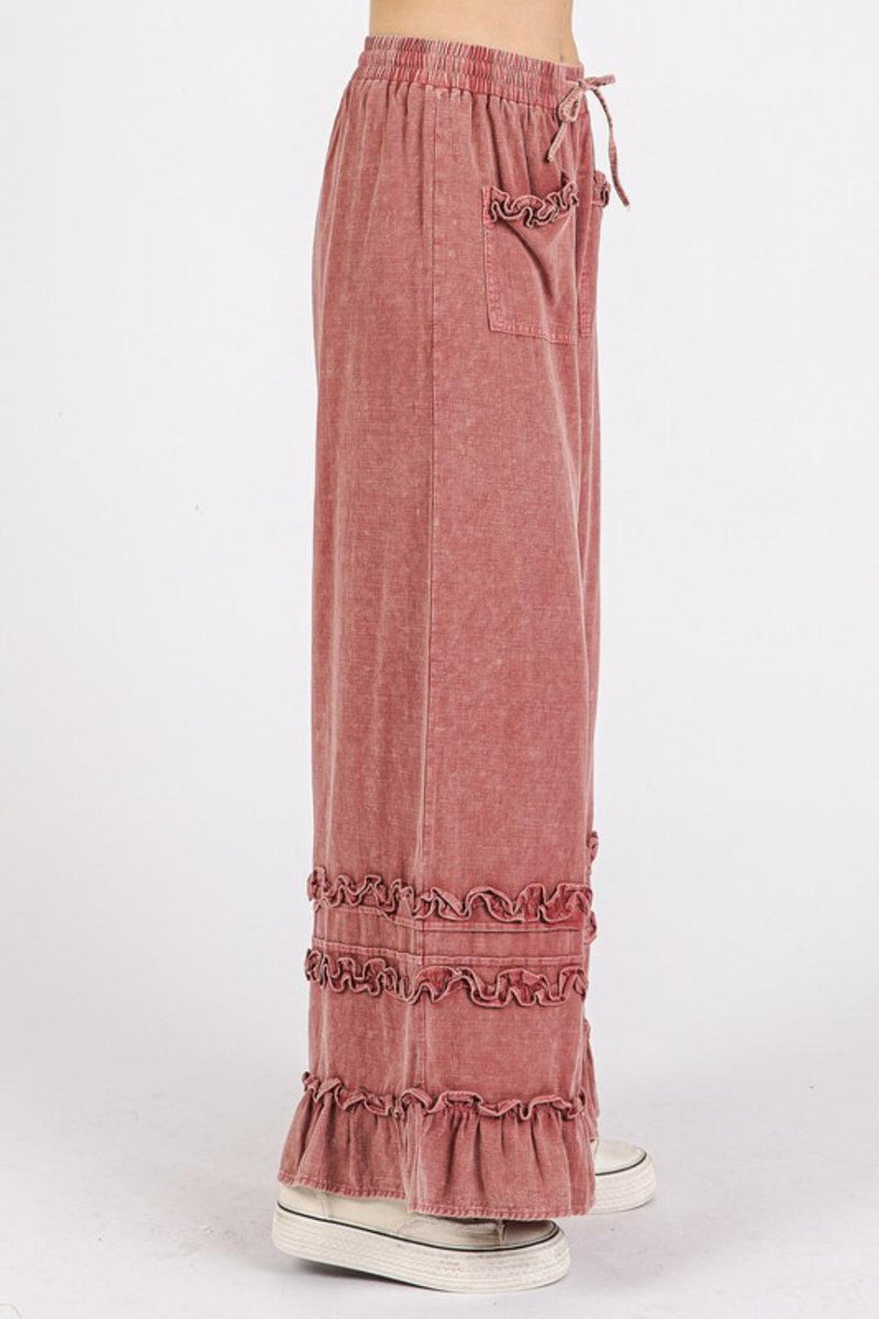 Mittoshop Ruffle Trim Pocket Mineral Wash Wide Leg Pants - Brittney MADE