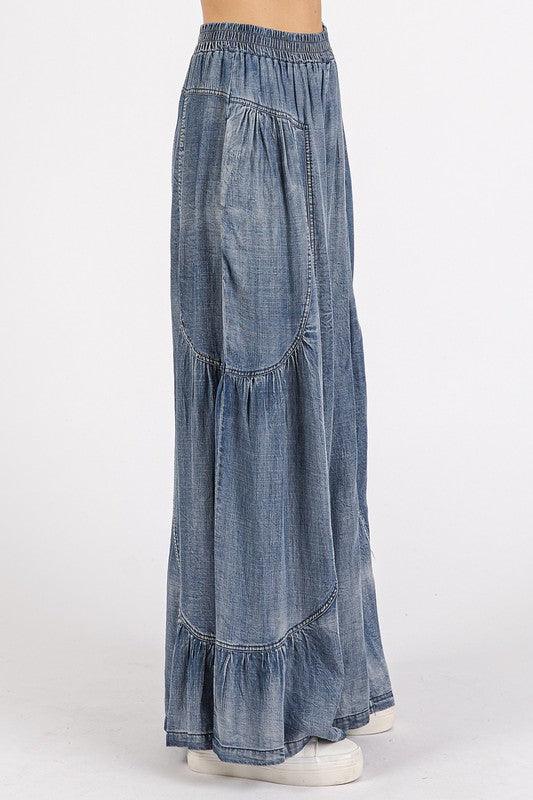 Mittoshop Washed Chambray Tier Detail Wide Leg Pants - Brittney MADE