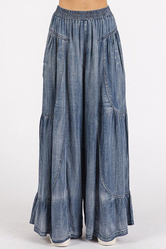 Mittoshop Washed Chambray Tier Detail Wide Leg Pants - Brittney MADE