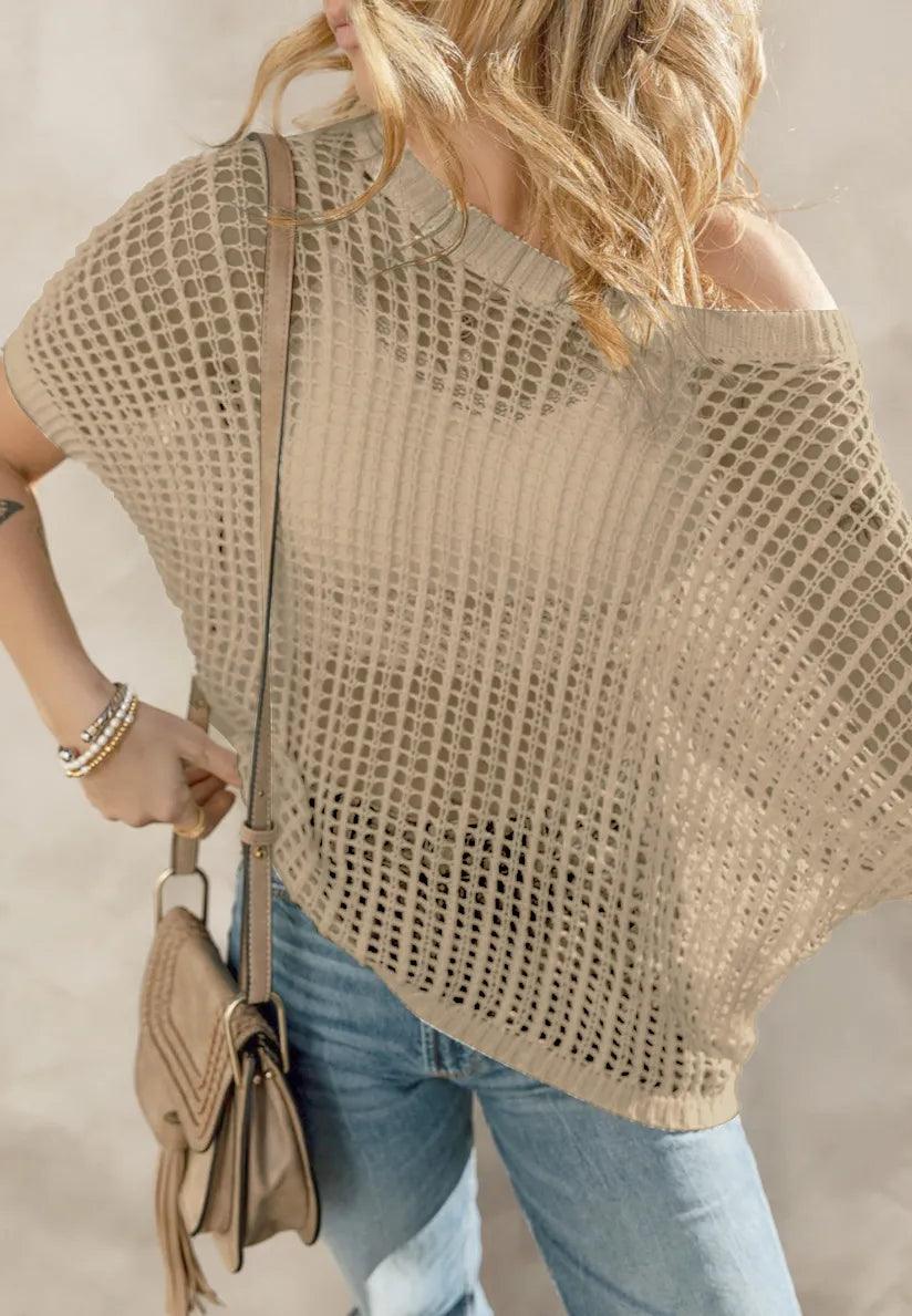 Openwork Round Neck Half Sleeve Knit Cover Up - Brittney MADE