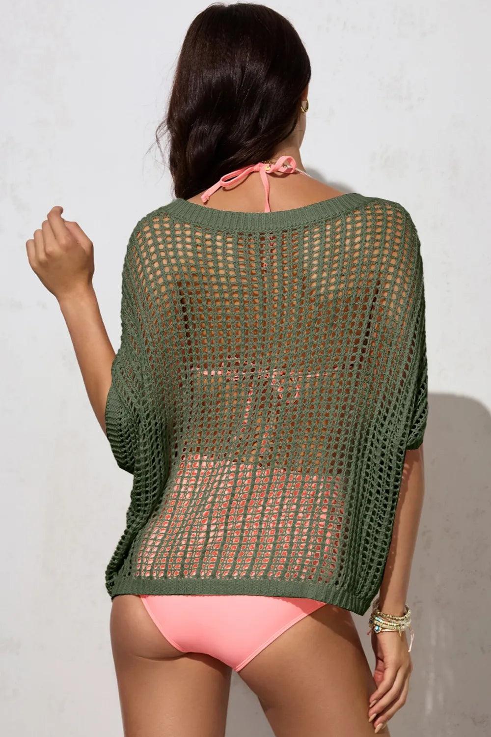 Openwork Round Neck Half Sleeve Knit Cover Up - Brittney MADE