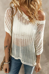 Openwork Round Neck Half Sleeve Knit Cover Up - Brittney MADE