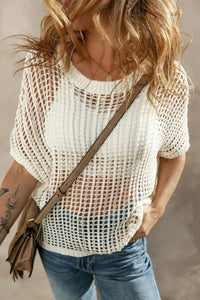 Openwork Round Neck Half Sleeve Knit Cover Up - Brittney MADE