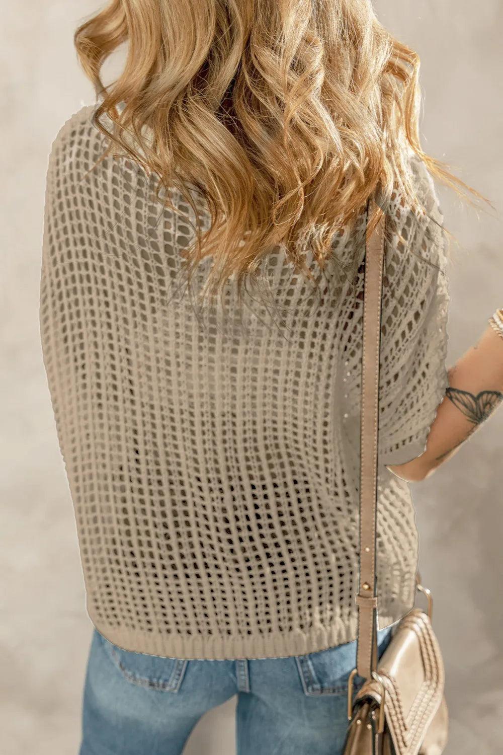 Openwork Round Neck Half Sleeve Knit Cover Up - Brittney MADE