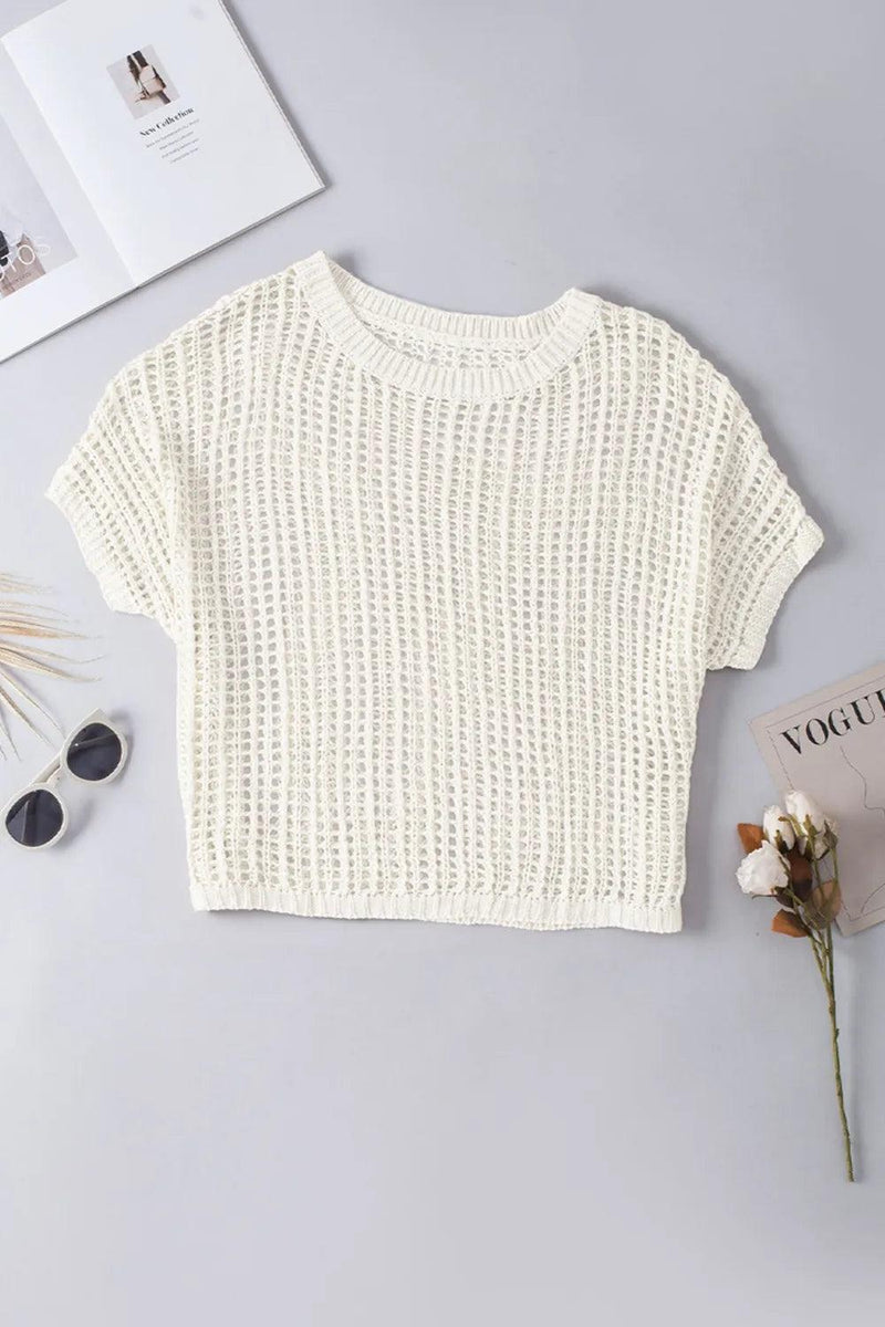 Openwork Round Neck Half Sleeve Knit Cover Up - Brittney MADE