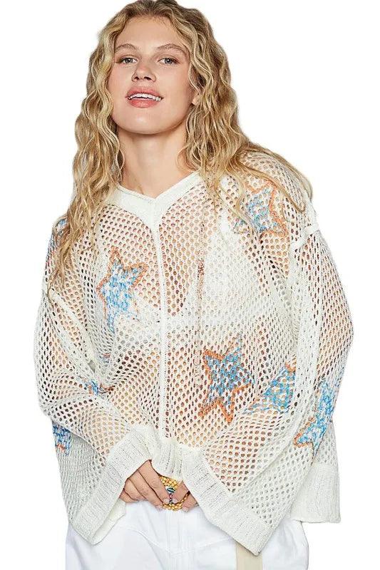 POL Star Openwork Long Sleeve Hooded Knit Cover Up - Brittney MADE
