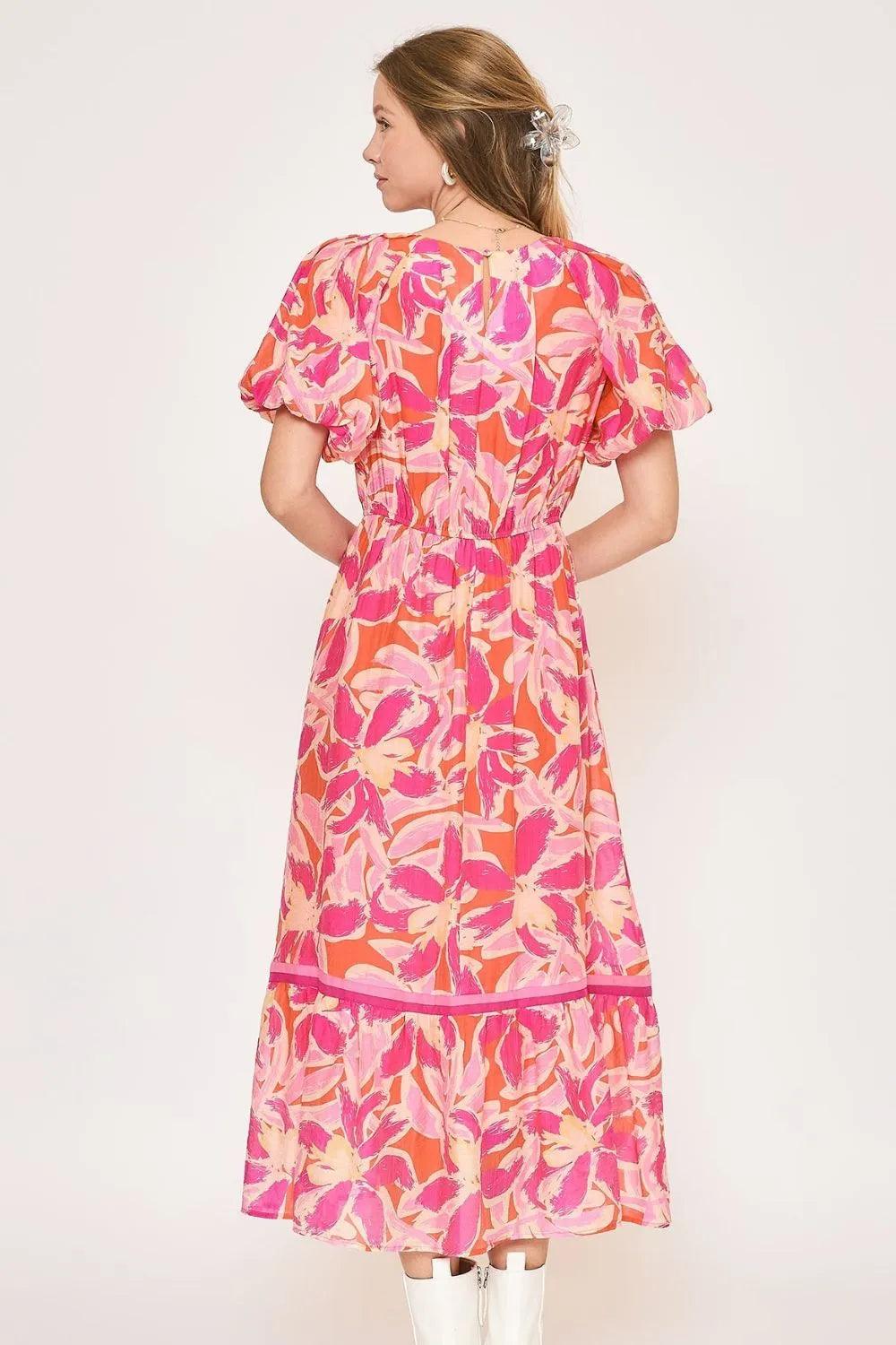 Umgee Floral Notched Puff Sleeve Midi Dress - Brittney MADE