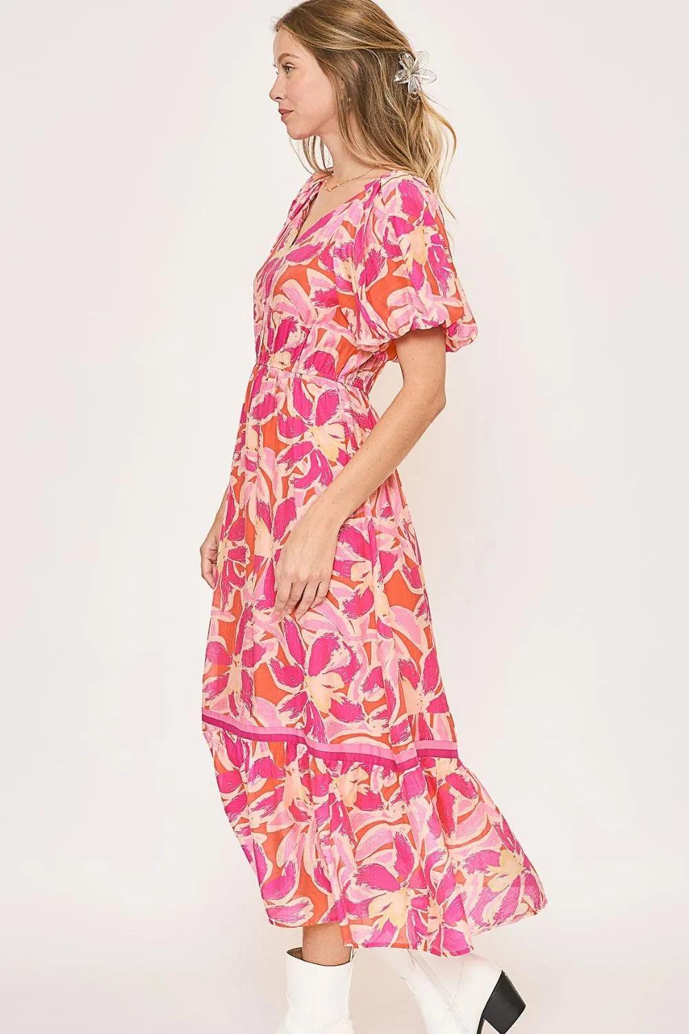 Umgee Floral Notched Puff Sleeve Midi Dress - Brittney MADE