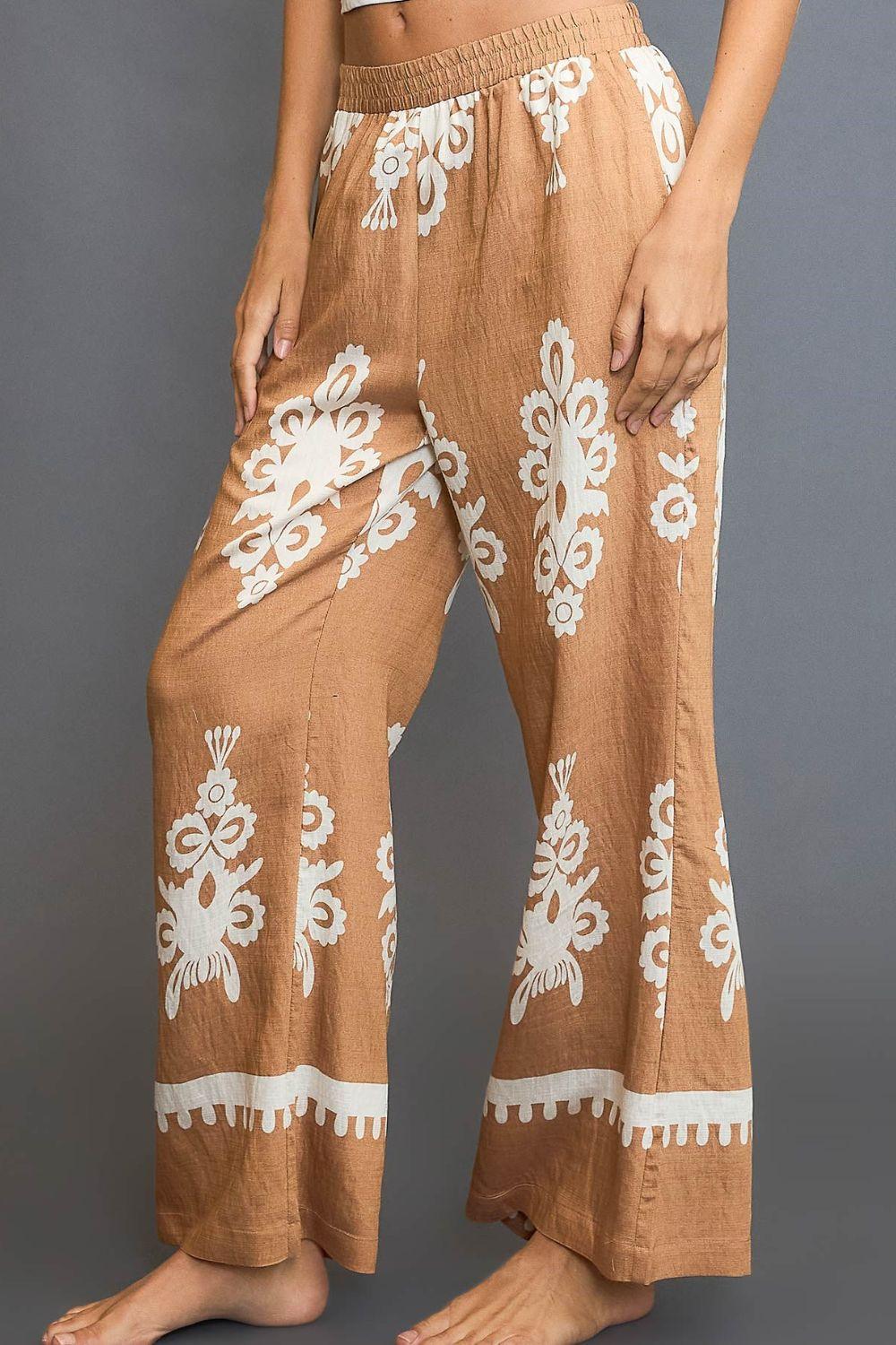 Umgee Full Size Border Print Wide Leg Pants Plus Size - Brittney MADE