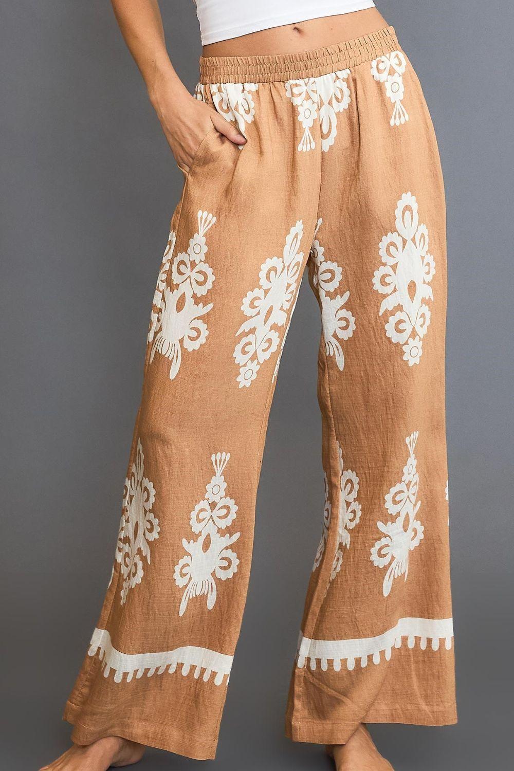 Umgee Full Size Border Print Wide Leg Pants Plus Size - Brittney MADE