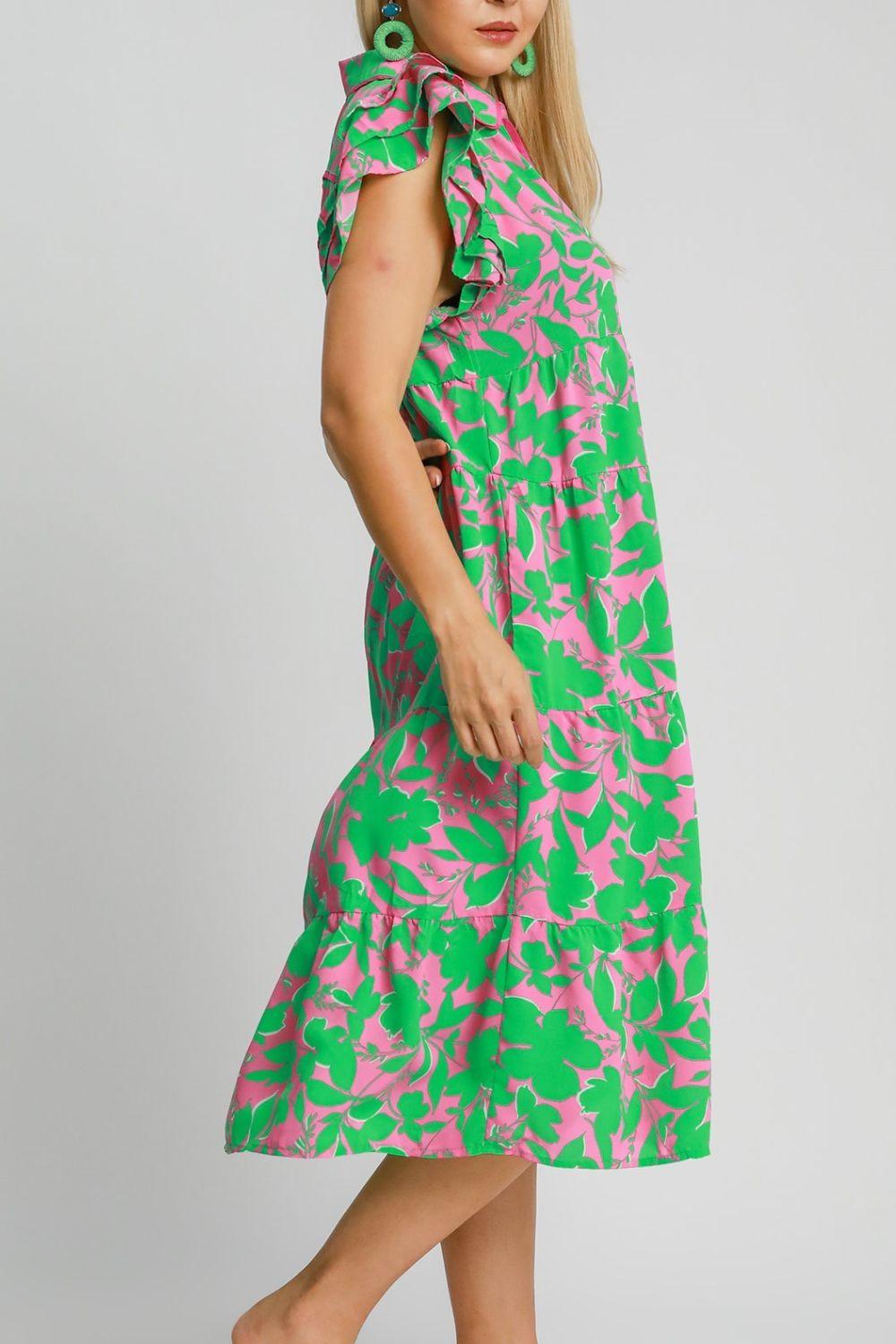 Umgee Full Size Floral Collared Ruffle Cap Sleeve Midi Dress Plus Size - Brittney MADE
