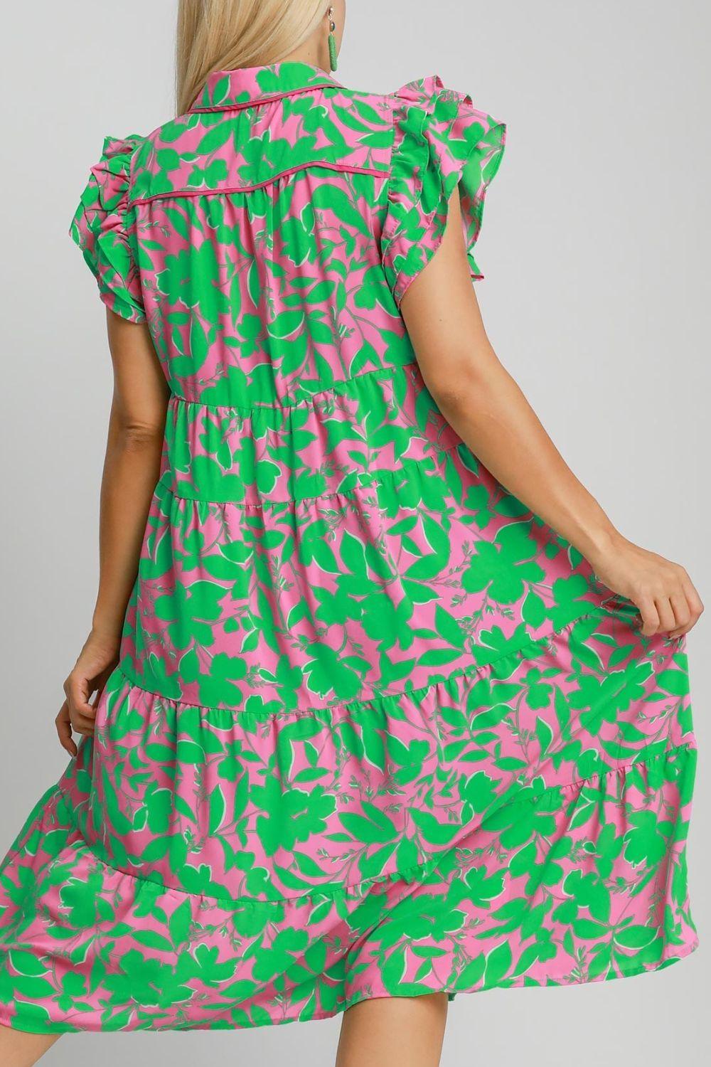 Umgee Full Size Floral Collared Ruffle Cap Sleeve Midi Dress Plus Size - Brittney MADE