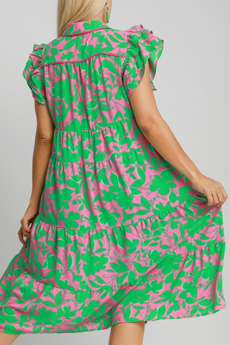 Umgee Full Size Floral Collared Ruffle Cap Sleeve Midi Dress Plus Size - Brittney MADE