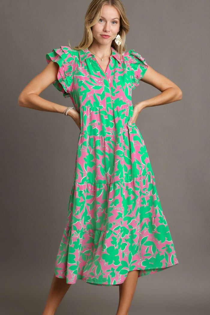 Umgee Full Size Floral Collared Ruffle Cap Sleeve Midi Dress Plus Size - Brittney MADE