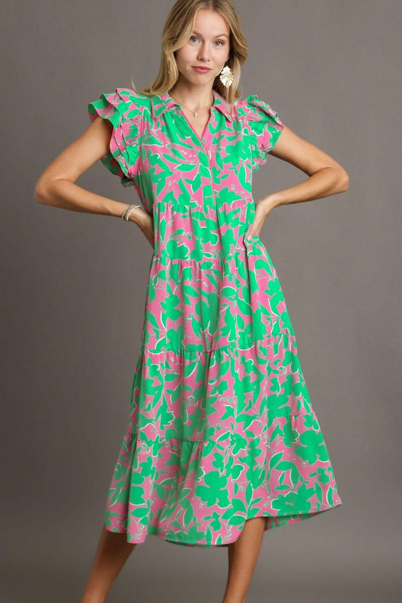 Umgee Full Size Floral Collared Ruffle Cap Sleeve Midi Dress Plus Size - Brittney MADE