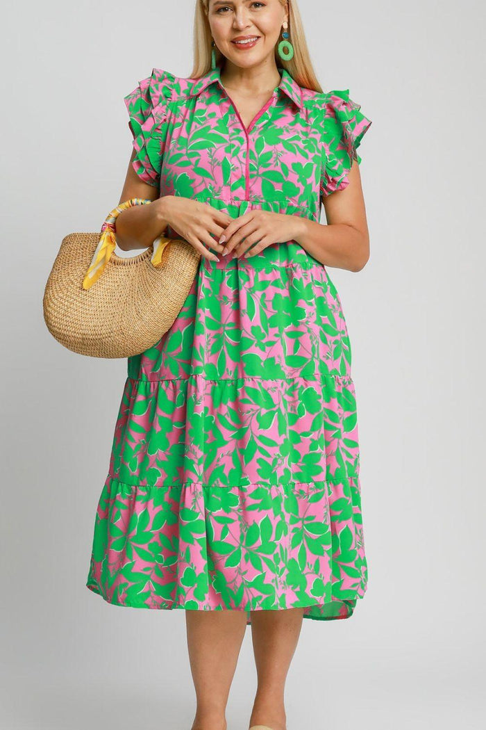 Umgee Full Size Floral Collared Ruffle Cap Sleeve Midi Dress Plus Size - Brittney MADE