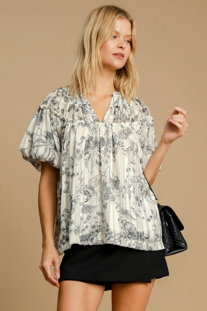 Umgee Full Size Floral Print Metallic Ruffle Blouse Plus Size - Brittney MADE