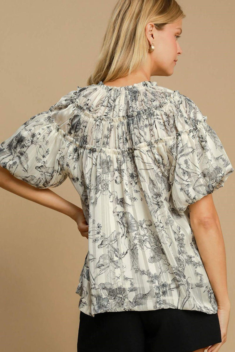 Umgee Full Size Floral Print Metallic Ruffle Blouse Plus Size - Brittney MADE