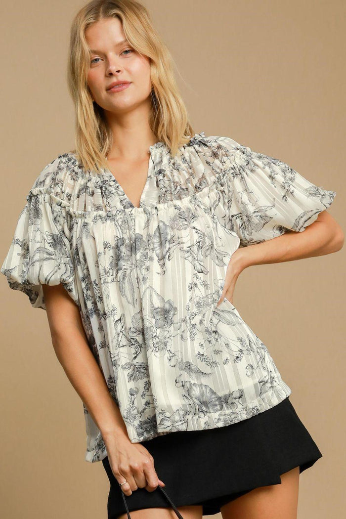 Umgee Full Size Floral Print Metallic Ruffle Blouse Plus Size - Brittney MADE